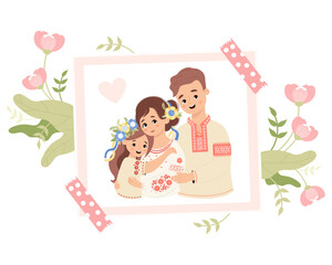 Cute holiday photograph from happy Ukrainian family with flowers. Father, mother and daughter with floral wreath with yellow-blue ribbons in traditional embroidered clothes. Vector illustration