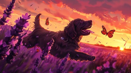 A young black dog runs through a field of lavender at sunset. The lavender is in full bloom and the dog is chasing butterflies.