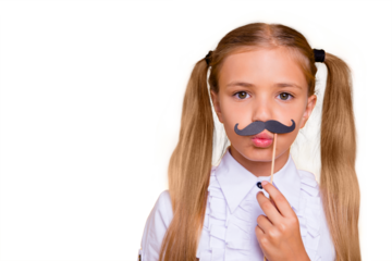 Time for fun concept! Close up portrait of joyful, craz small blonde girl with fake mustache isolated on yellow background with copy space for text