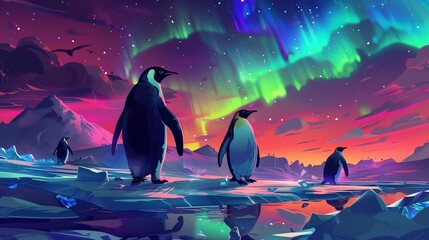 A group of penguins standing on an ice floe in the Arctic. The penguins are looking at the aurora borealis in the sky.