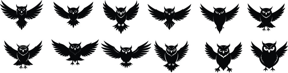 Black owl flying silhouettes vector.
