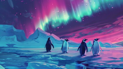 Four penguins standing on the ice in Antarctica with a beautiful aurora australis in the sky.