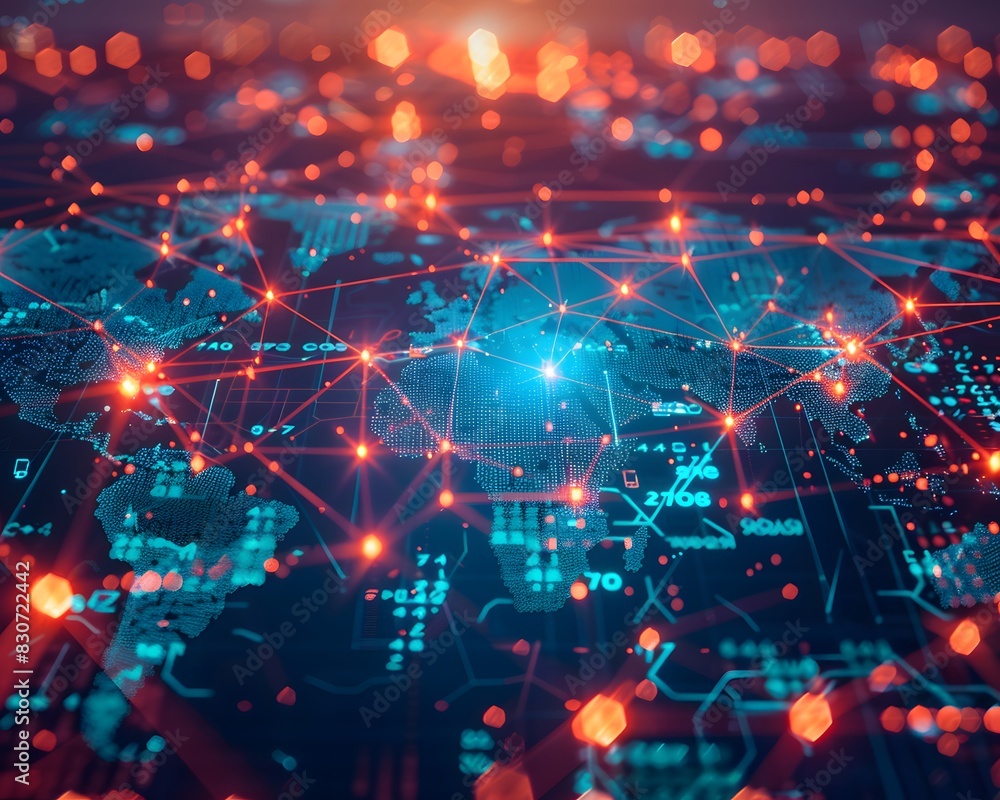 Poster abstract global network concept with world map and glowing connections, symbolizing connectivity acr