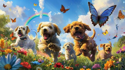 Cute puppies playing in a field of flowers on a sunny day with butterflies.