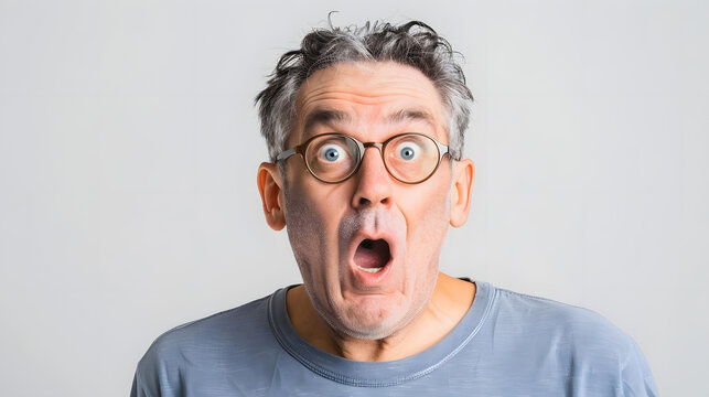 middle aged man with a surprised and confused expression against white background. generative ai
