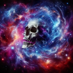 A surreal digital art piece featuring a skull engulfed in a vibrant, swirling cosmic nebula, symbolizing mystery and the unknown.. AI Generation