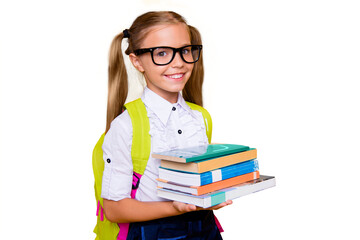 Back to school concept! Half turned close up photo portrait of lovely confident beautiful clever girl with copybook notebook wearing white blouse green bright backpack isolated vivid background