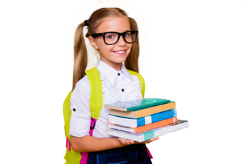 Back to school concept! Half turned close up photo portrait of lovely confident beautiful clever girl with copybook notebook wearing white blouse green bright backpack isolated vivid background
