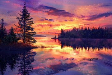 sunrise over the lake. Created with Ai