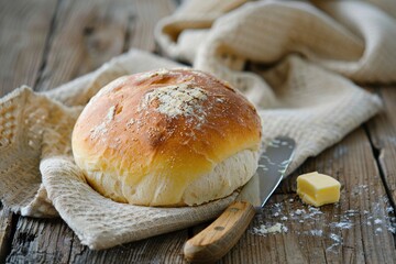 Freshly baked round bread on a rustic wooden table, with a knife and butter