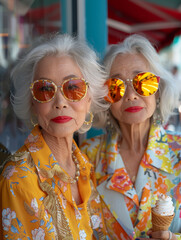 Two elderly women white hair, wearing colorful clothes sunglasses, holding ice cream cone together