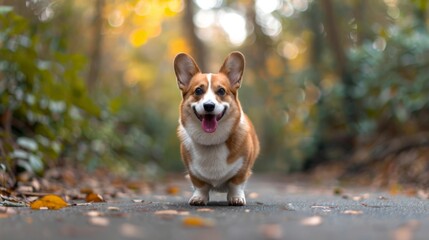 A cheerful Corgi standing on a paved path, surrounded by a lush, green park