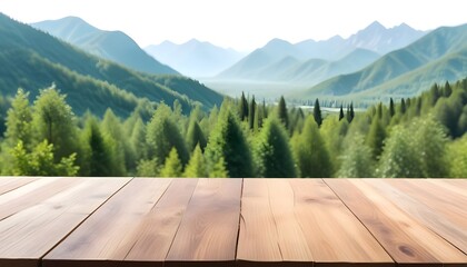 Table in font of a beautiful nature with plants, trees, sea, beach, mountains and lake with sunlight. Product display