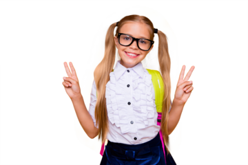 Close up studio photo portrait of lovely nice beautiful cheerful rejoicing sweet little small lady showing making giving v-sign in white shirt blouse formal wear isolated bright vivid background