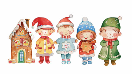 Watercolor Illustration Kids with Christmas costume a