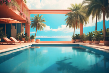 Serene tropical poolside with palm trees and an ocean view portrayed in a dream-like quality