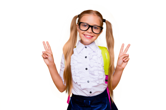 Close up studio photo portrait of lovely nice beautiful cheerful rejoicing sweet little small lady showing making giving v-sign in white shirt blouse formal wear isolated bright vivid background