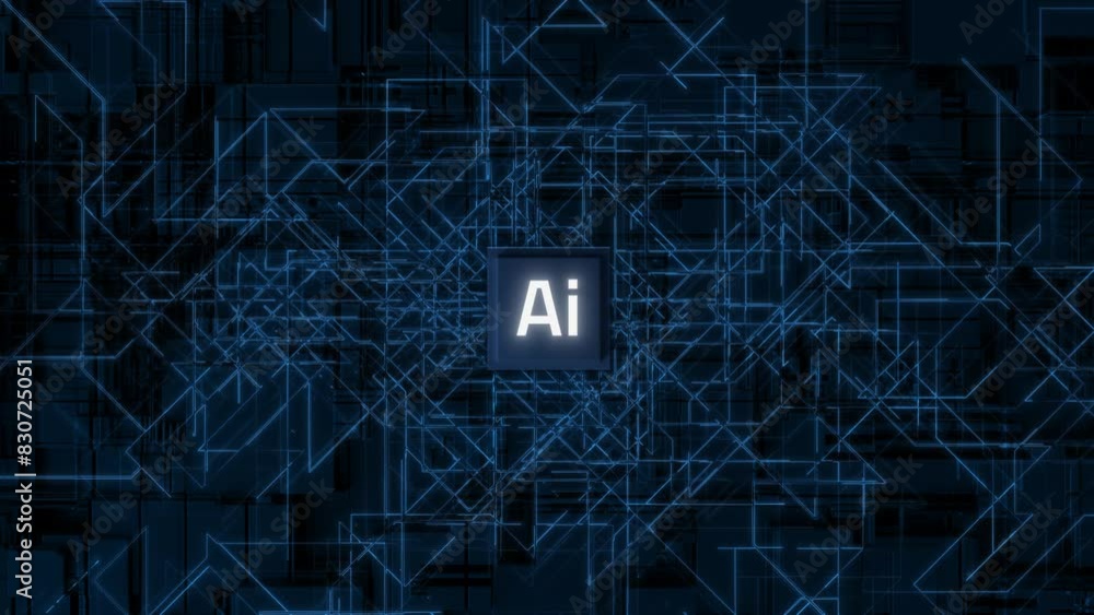 Poster futuristic ai technology: glowing 3d circuit chip with digital circuit lines