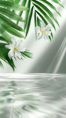 Fototapeta na wymiar Tropical Paradise: White Plumeria Flowers and Lush Green Palm Leaves Over Serene Water Reflection