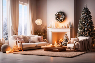 Festive interior design with a beautifully adorned Christmas tree, fireplace, and cozy furnishings