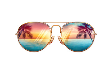Sunglasses with beach and sea pattern. Reflection of sunset on the sea with palm trees, transparent background in glasses glasses. High quality 