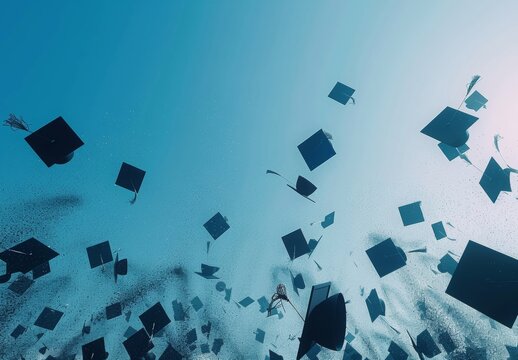 A graduation ceremony with joyous graduates throwing their caps into a clear, blue sky. The triumphant moment captures the essence of achievement, with plenty of space above for congratulatory text.