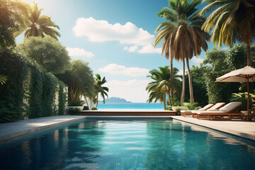 A serene tropical setting with a swimming pool surrounded by palm trees, sun loungers and a clear view of mountains in the distance