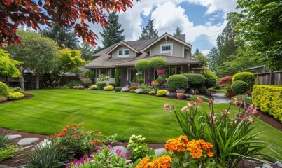 Fototapeta premium Manicured lawns, colorful flowers. and trimmed hedgerows