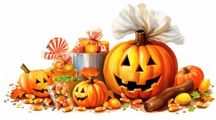 A cute water color of Halloween candy, with assorted sweets and treats, spilling out of a trickortreat bag, Clipart isolated on white