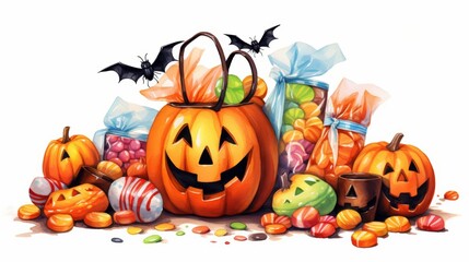A cute water color of Halloween candy, with assorted sweets and treats, spilling out of a trickortreat bag, Clipart isolated on white