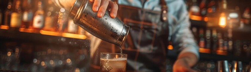 A bartender shaking a cocktail shaker, focus on, drink preparation theme, realistic, blend mode, trendy bar backdrop
