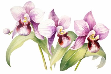 A kawaii water color of a Paphiopedilum, or slipper orchid, with unique pouchshaped blooms, Clipart isolated on white