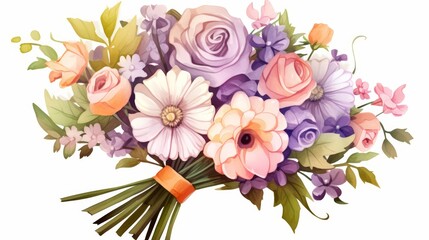 A kawaii water color of a bouquet, filled with colorful flowers, wrapped in rustic paper, Clipart isolated on white