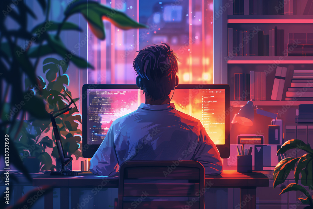 Poster Man working at desk with computer for remote education