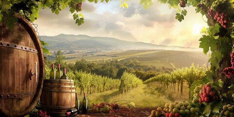 Scenic vineyard landscape with lush grapevines on rolling hills, bathed in autumn sunset.