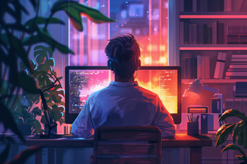 Obraz premium Man working at desk with computer for remote education