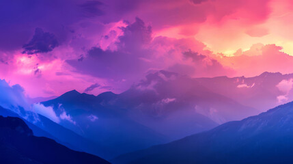 Fototapeta premium A dramatic and colorful sunset illuminates a mountain range. The sky is filled with vibrant hues of pink, purple, and blue, creating a breathtaking vista.