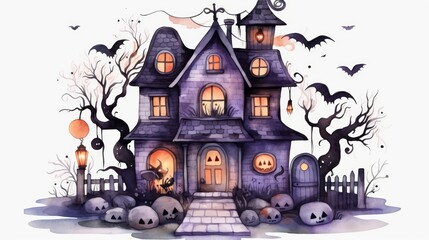 A kawaii water color of a spooky haunted house, with eerie lights and decorations, at the end of a dark street, Clipart isolated on white