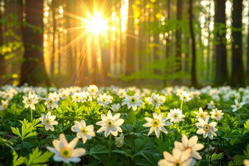 Obraz premium Tranquil Sunrise Over Blooming Wood Anemones in Forest