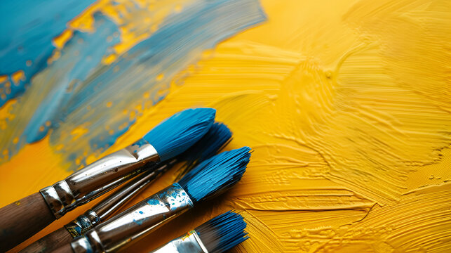 set of flat artistic paintbrushes with painted tips isolated on yellow background   
