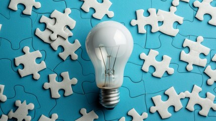 light Bulb with Puzzle Pieces Concept on Blue Background