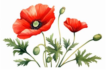 Naklejka premium A water color of a poppy, with vibrant red petals, blooming in a wild meadow, Clipart isolated on white