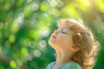 a child takes deep breath fresh air in the field of meadow and forest, nature and environment generative Ai