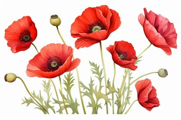 Fototapeta premium A water color of a poppy, with vibrant red petals, blooming in a wild meadow, Clipart isolated on white