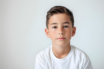 young boy looking proud and confident on white backdrop. generative ai