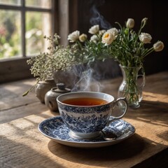 Steaming cup of tea resting on saucer with blue floral pattern. This cup placed on wooden table near window, allowing sunlight to stream through. Warm light illuminating white flowers in vase.