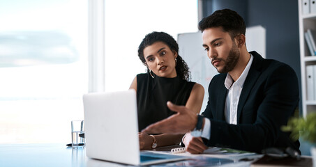 Business conversation, woman and man with laptop for planning project, brainstorming meeting and...