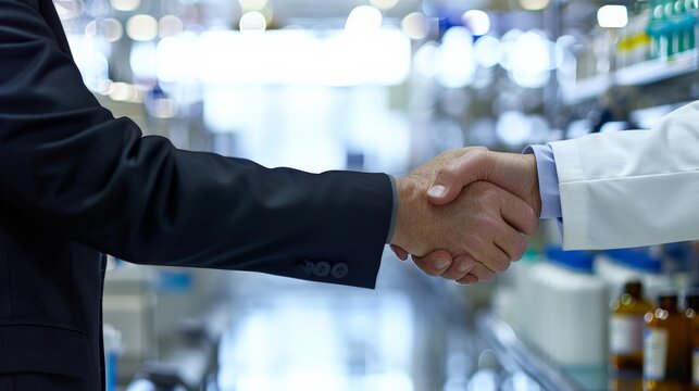 Businessman and a pharmacist shake hands in a pharmacy, collaboration and partnership in the healthcare industry