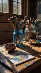 Sunlight streams through window, casting warm glow on artists workspace. Wooden table, bathed in light, holds array of painting tools. Brushes stand at attention in glass jar, ready for use.