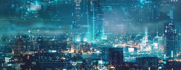 A digital composite image of a cityscape at night with a blue tint